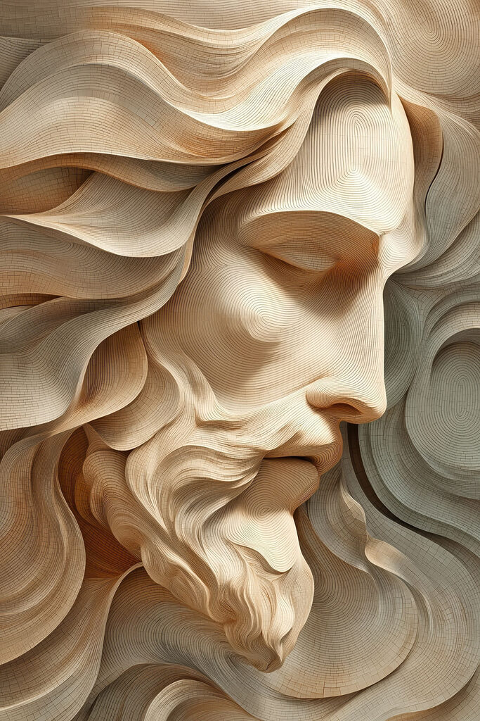 Wood carving of a man's face