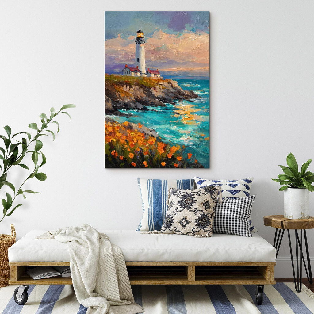 Painting of a lighthouse on a cliff by the ocean
