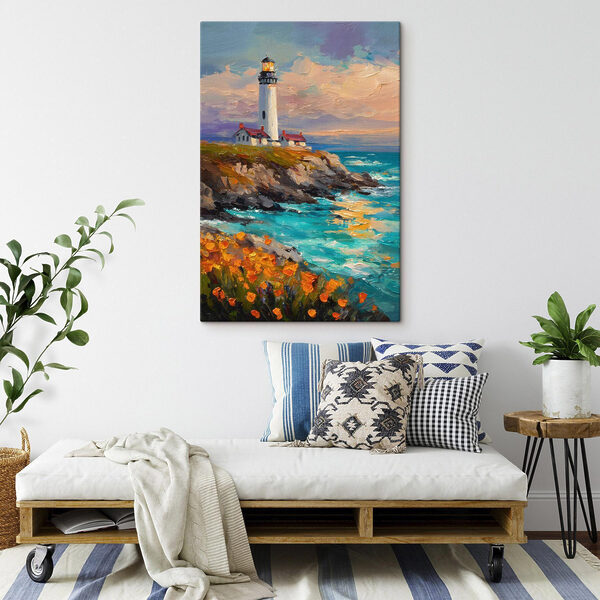 Painting of a lighthouse on a cliff by the ocean