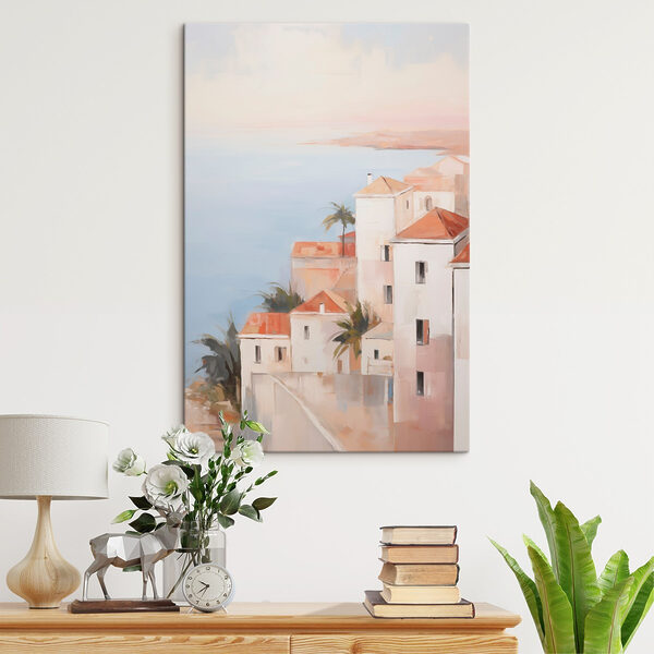 Painting of a group of buildings with palm trees Painting of a group of buildings with palm trees