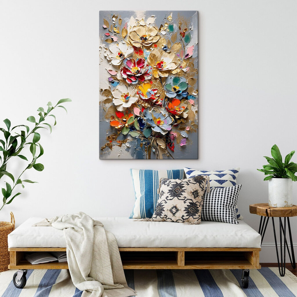 Painting of flowers on a grey surface
