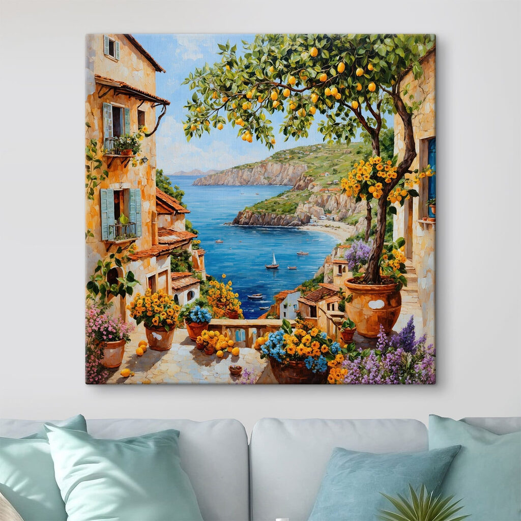 Painting of a town with a body of water and a bay Painting of a town with a body of water and a bay