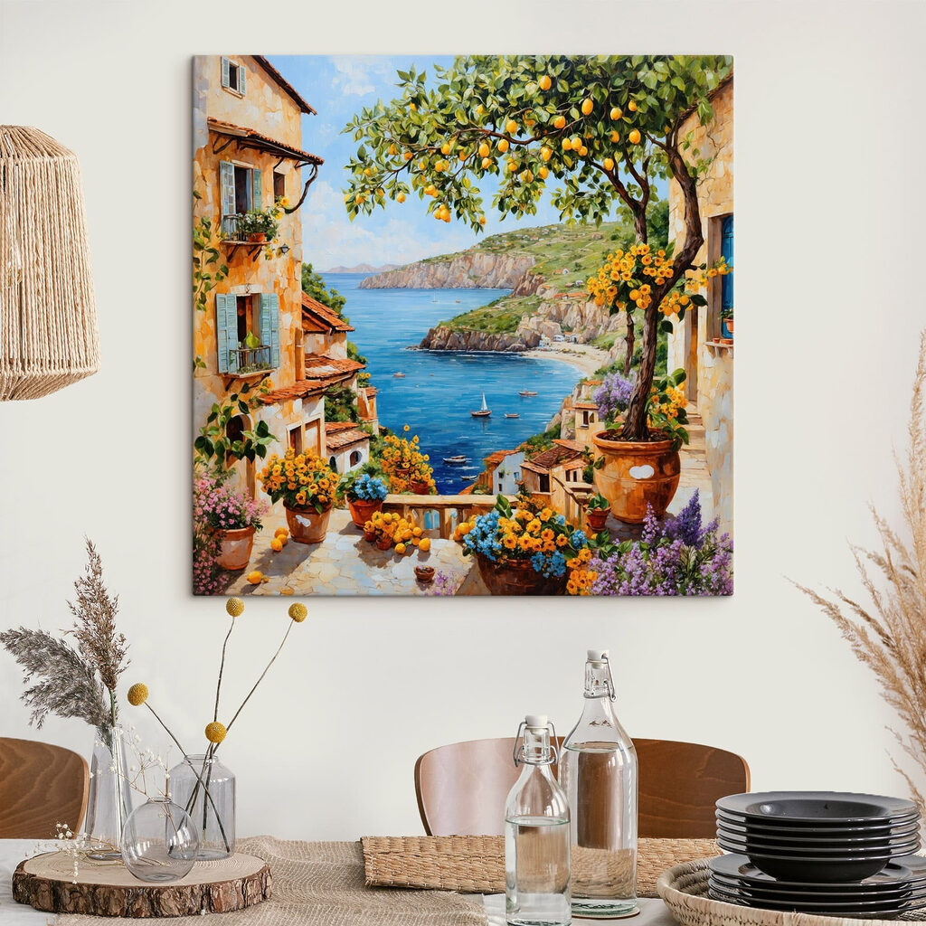 Painting of a town with a body of water and a bay Painting of a town with a body of water and a bay