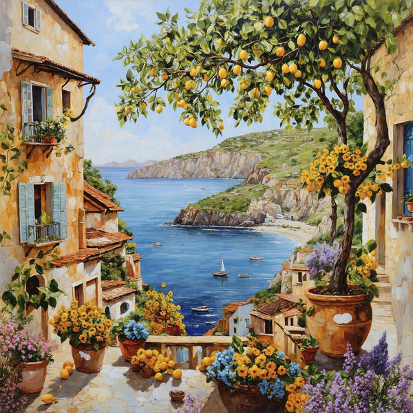 Painting of a town with a body of water and a bay Painting of a town with a body of water and a bay