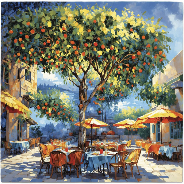 Painting of an orange tree with tables and chairs under an orange tree