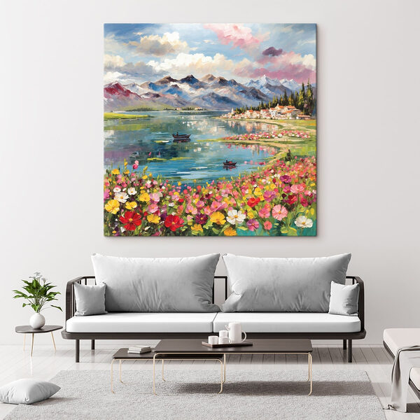 Painting of a lake with flowers and mountains in the background Painting of a lake with flowers and mountains in the background