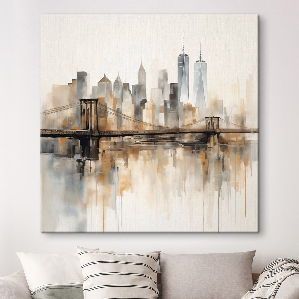 Bridge over water with city skyline in the background Bridge over water with city skyline in the background