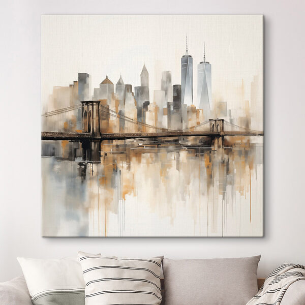 Bridge over water with city skyline in the background Bridge over water with city skyline in the background