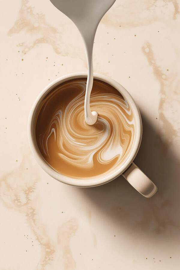 Cup of coffee with milk pouring into it Cup of coffee with milk pouring into it