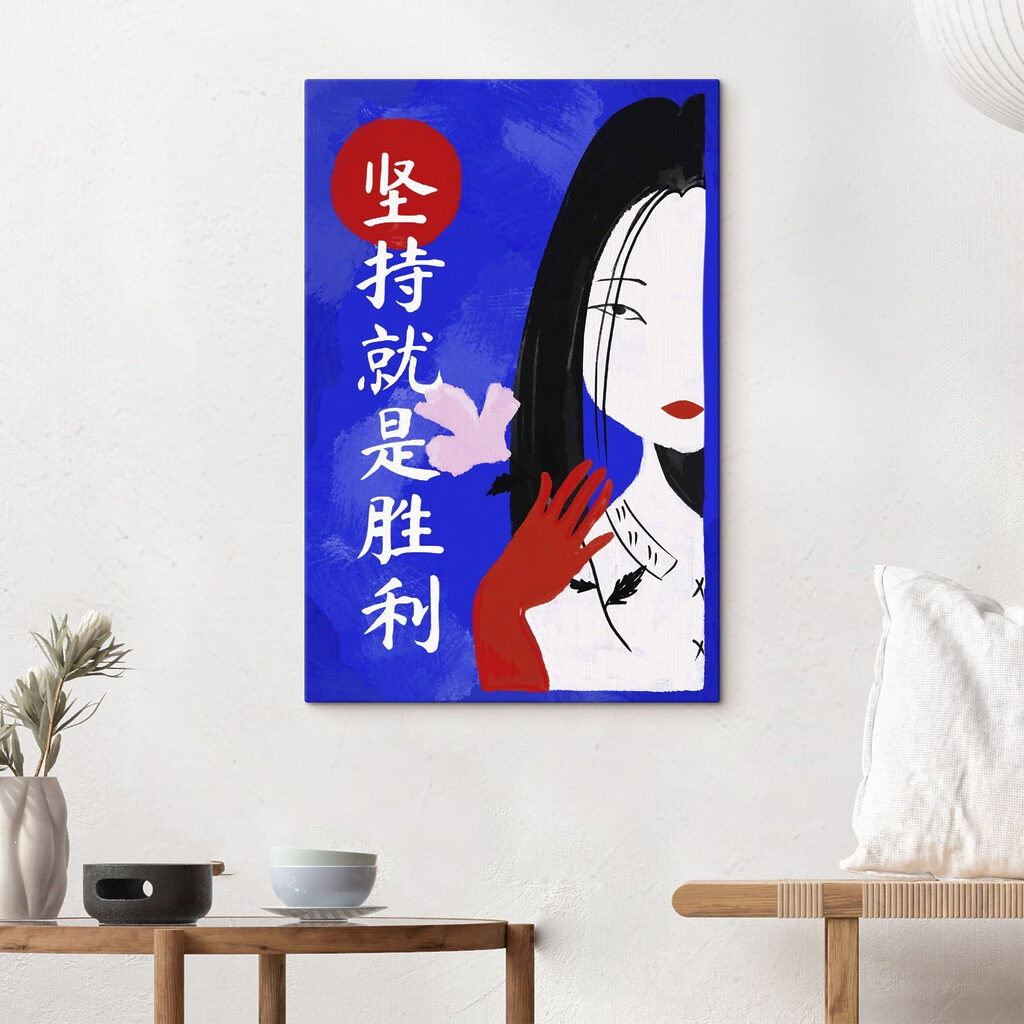 Painting of a woman with long black hair and red gloves Painting of a woman with long black hair and red gloves