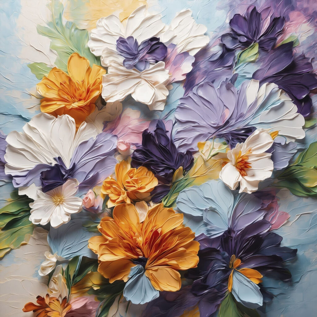 Painting of flowers on a blue surface