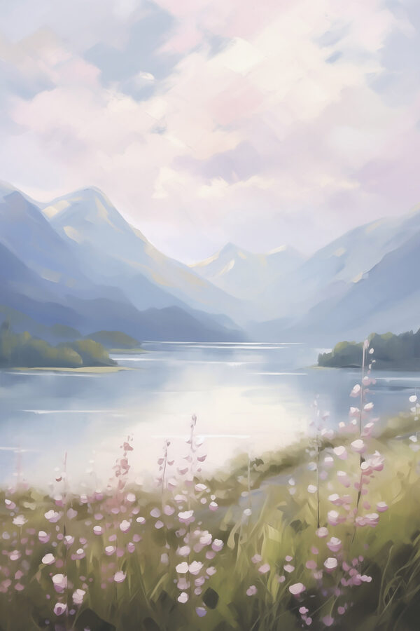Painting of a lake and mountains Painting of a lake and mountains
