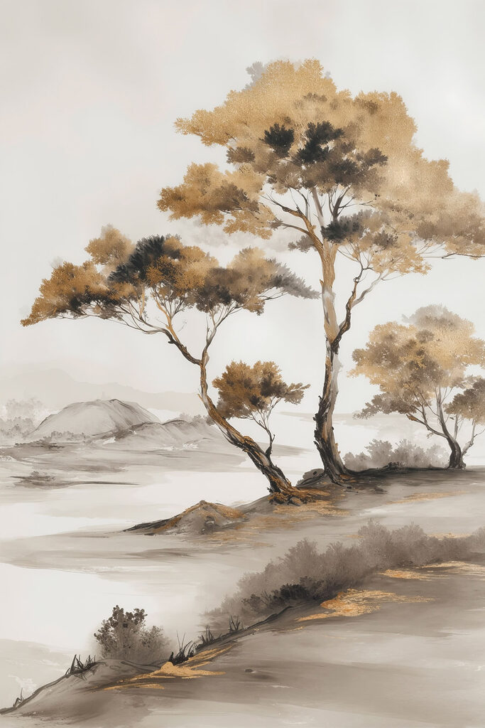 Painting of trees in a desert Painting of trees in a desert