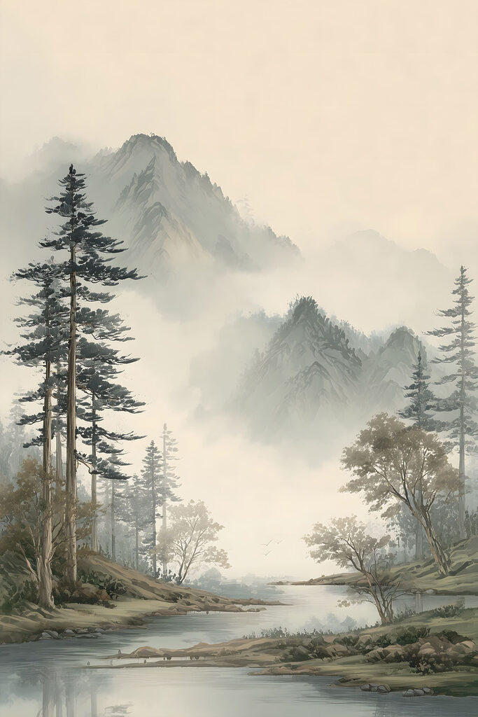 Landscape of a river with trees and mountains