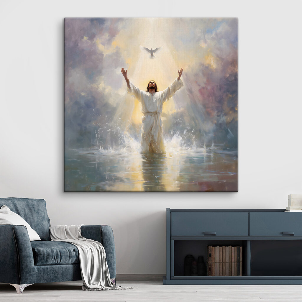 Man in white robe standing in water with arms outstretched