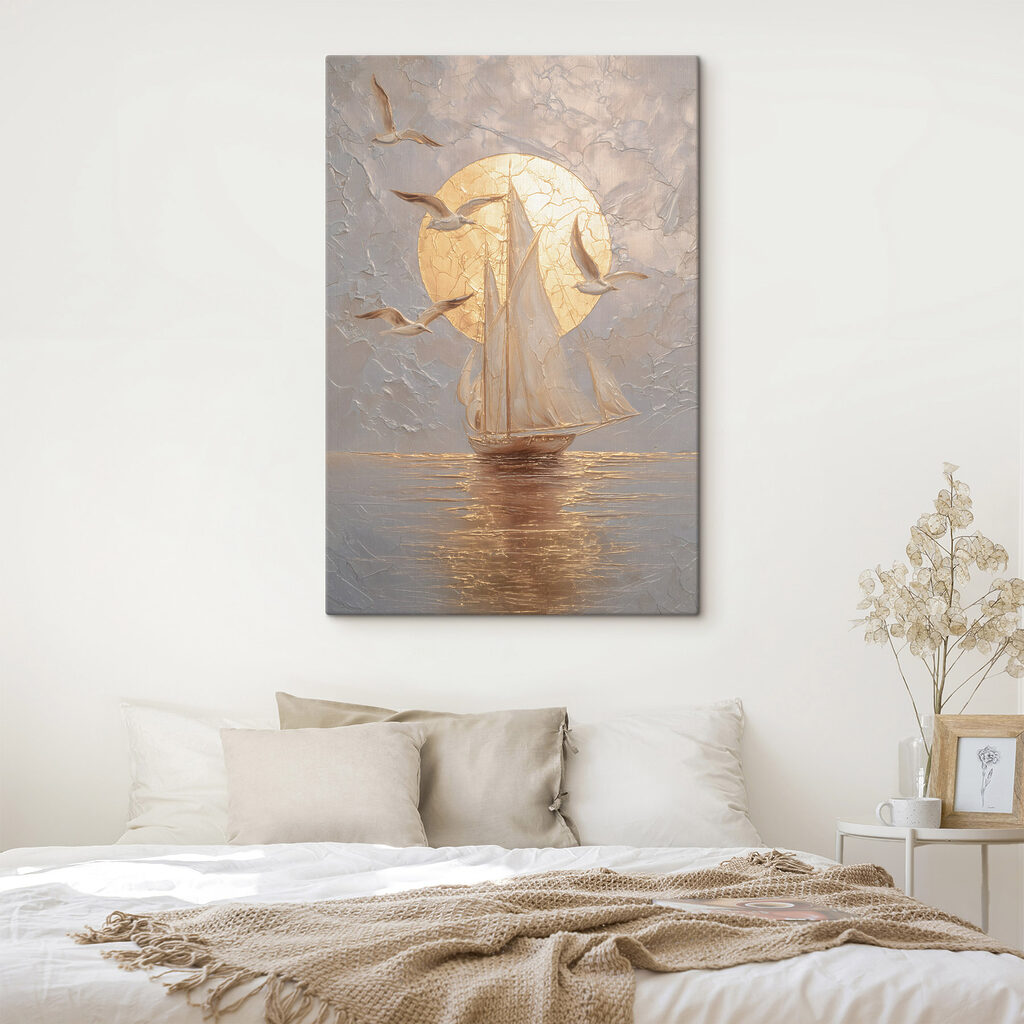 Painting of a sailboat and birds