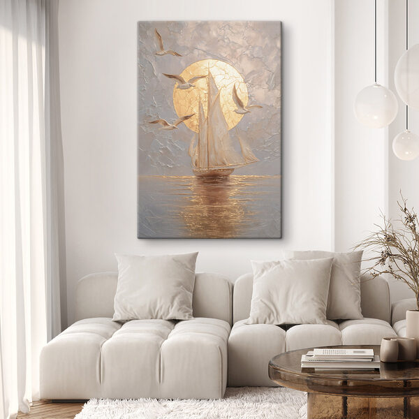Painting of a sailboat and birds