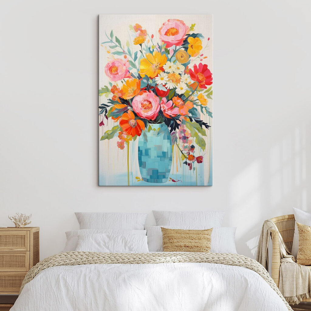 Painting of flowers in a blue vase Painting of flowers in a blue vase