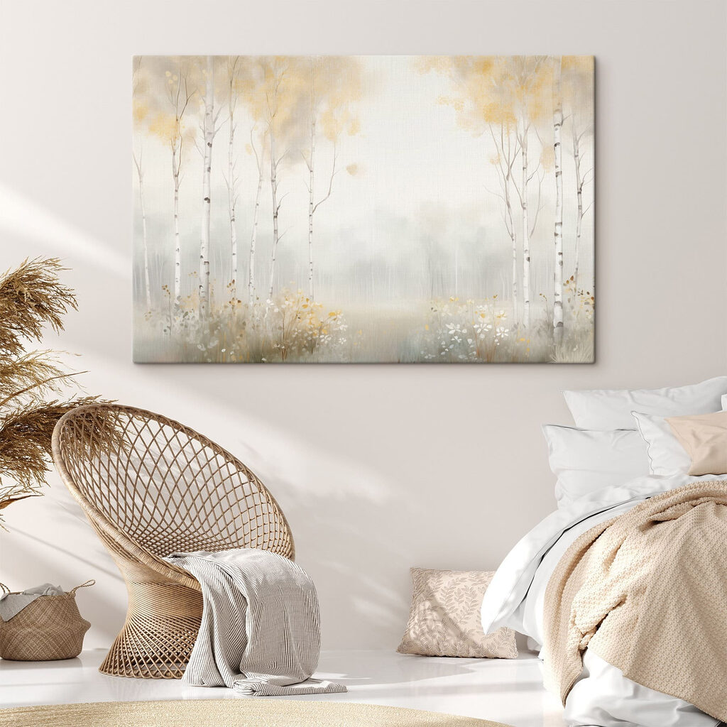 Painting of a forest with trees and flowers Painting of a forest with trees and flowers