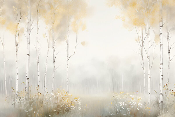 Painting of a forest with trees and flowers Painting of a forest with trees and flowers