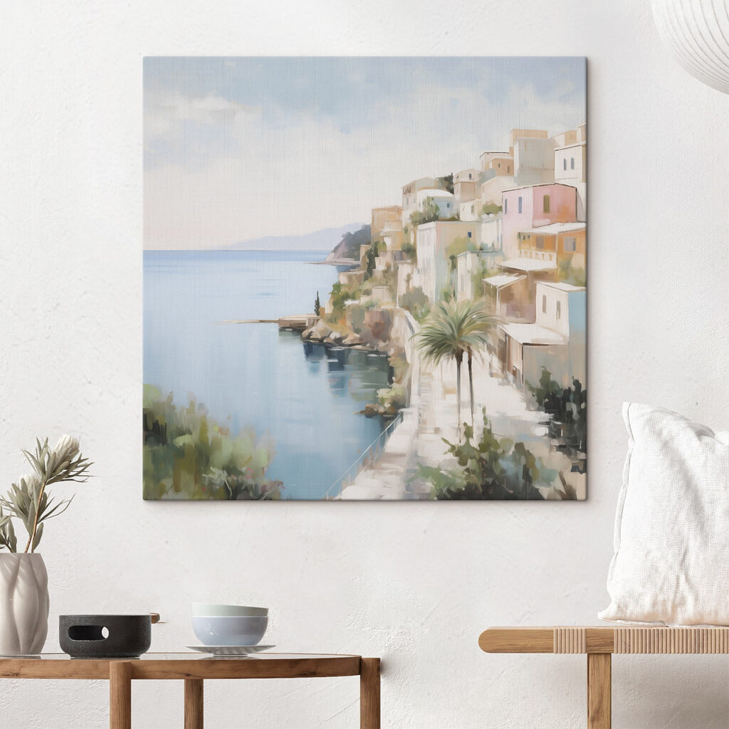 Watercolor painting of a town by the sea Watercolor painting of a town by the sea