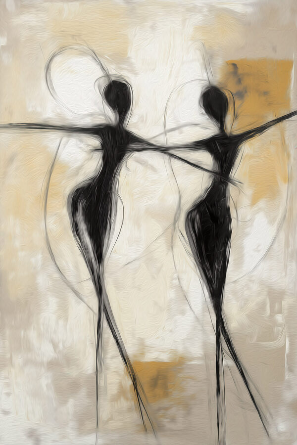 Black and white painting of two women dancing