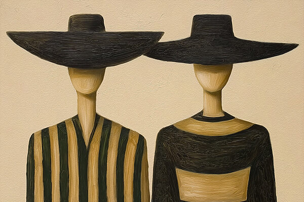 Couple of wooden mannequins wearing hats