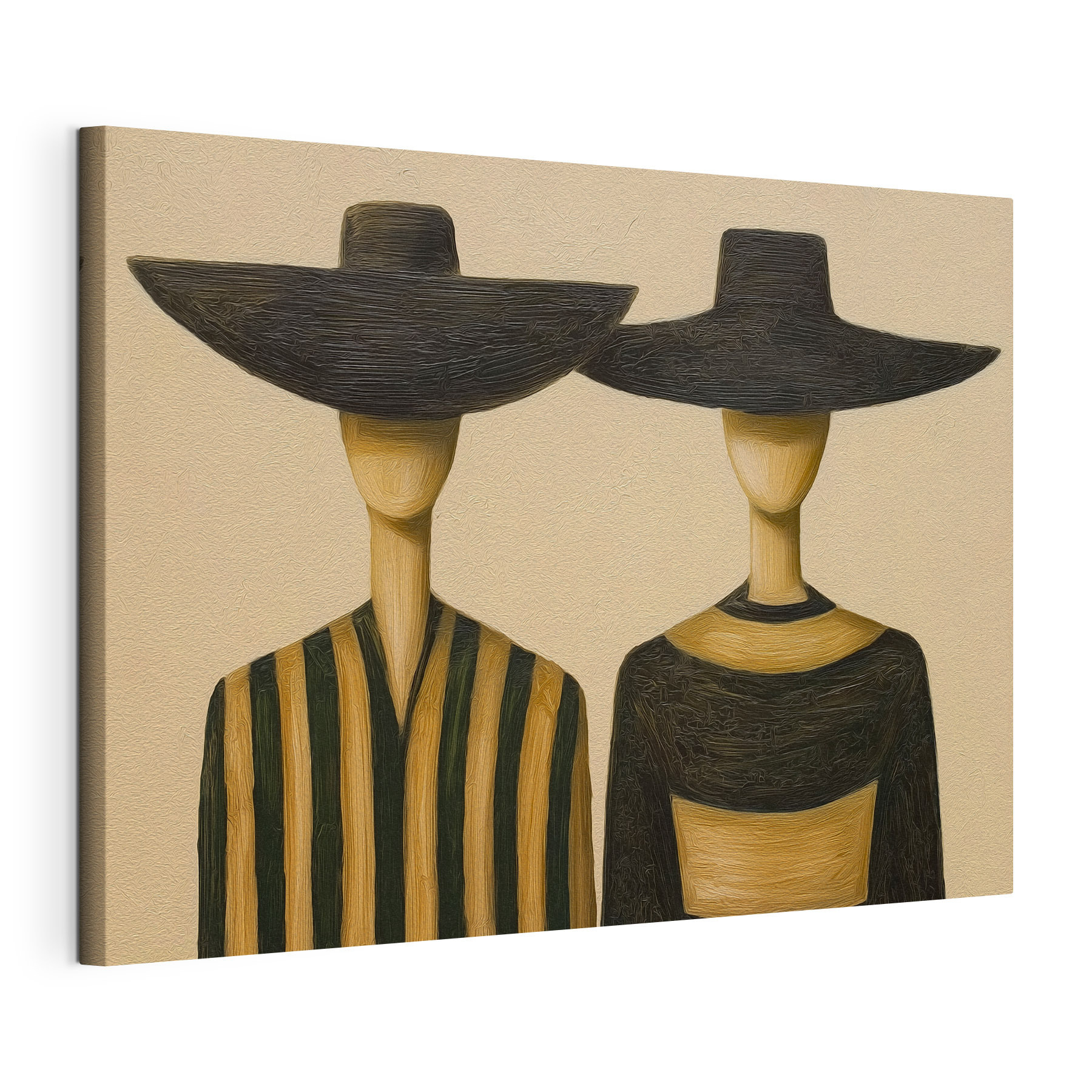 Couple of wooden mannequins wearing hats
