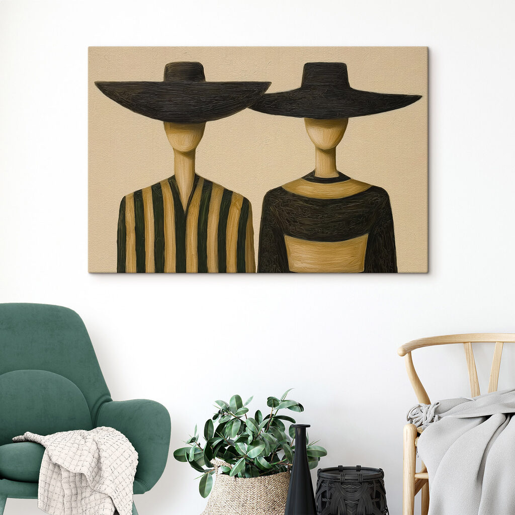 Couple of wooden mannequins wearing hats