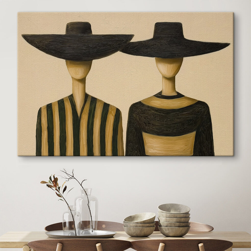 Couple of wooden mannequins wearing hats