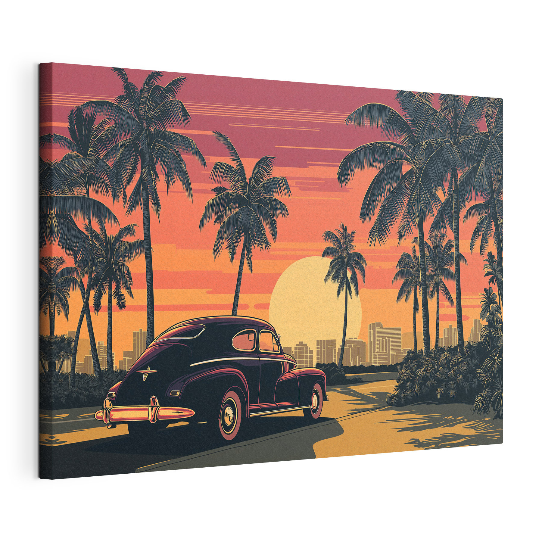 Car parked on a road with palm trees and a city in the background Car parked on a road with palm trees and a city in the background