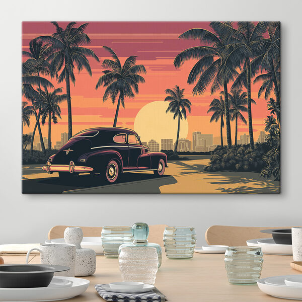 Car parked on a road with palm trees and a city in the background Car parked on a road with palm trees and a city in the background