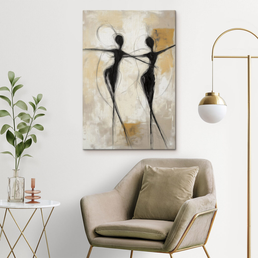 Black and white painting of two women dancing Black and white painting of two women dancing