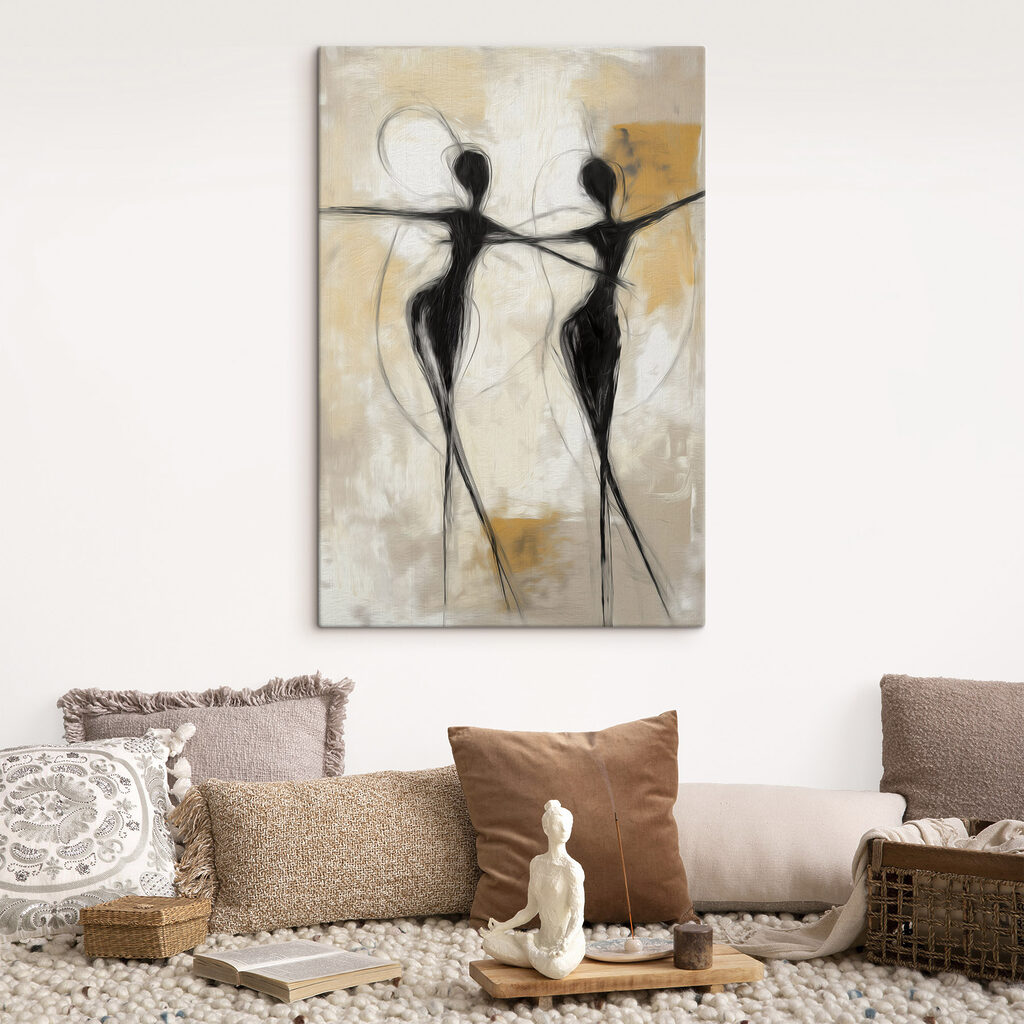 Black and white painting of two women dancing Black and white painting of two women dancing