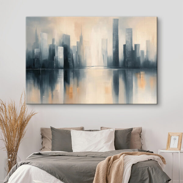 City skyline with tall buildings reflected in water City skyline with tall buildings reflected in water