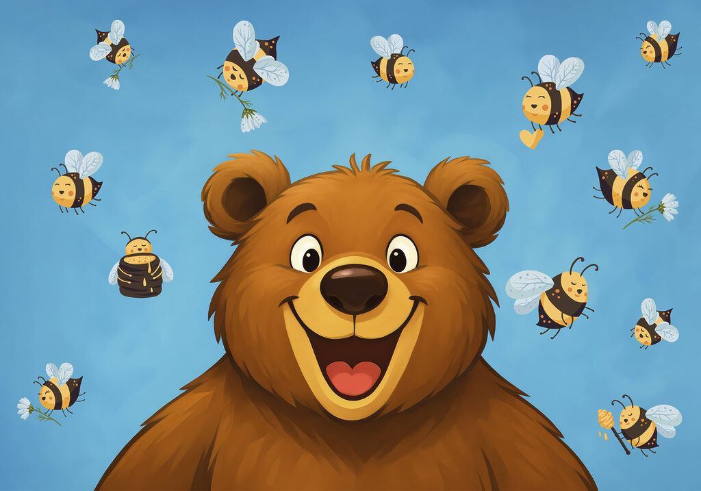 Cartoon bear with bees flying around it