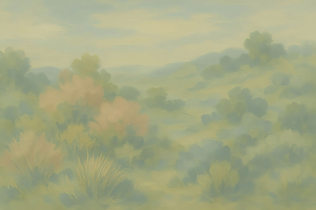 Foggy landscape with trees and bushes