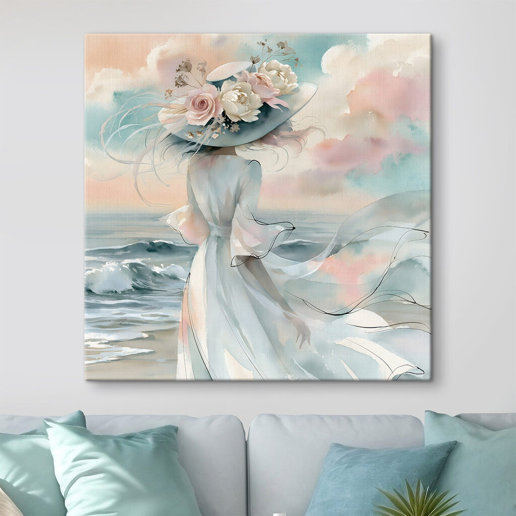 Woman in a dress with flowers on her hat Woman in a dress with flowers on her hat