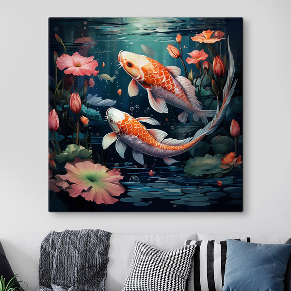 Couple of fish swimming in water with flowers Couple of fish swimming in water with flowers