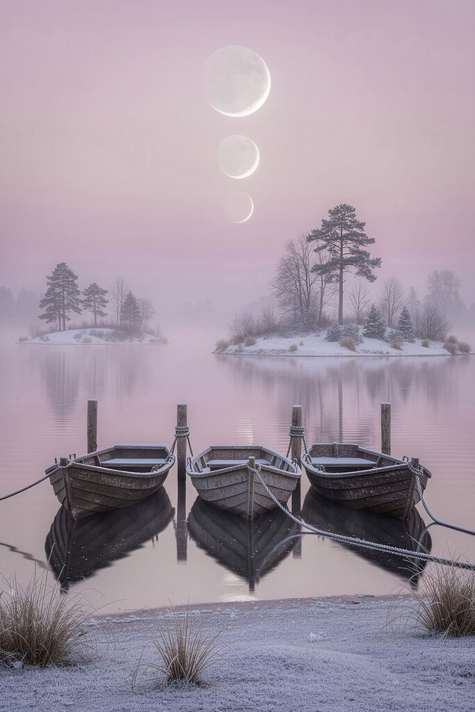Boats on a lake with trees and a moon in the background