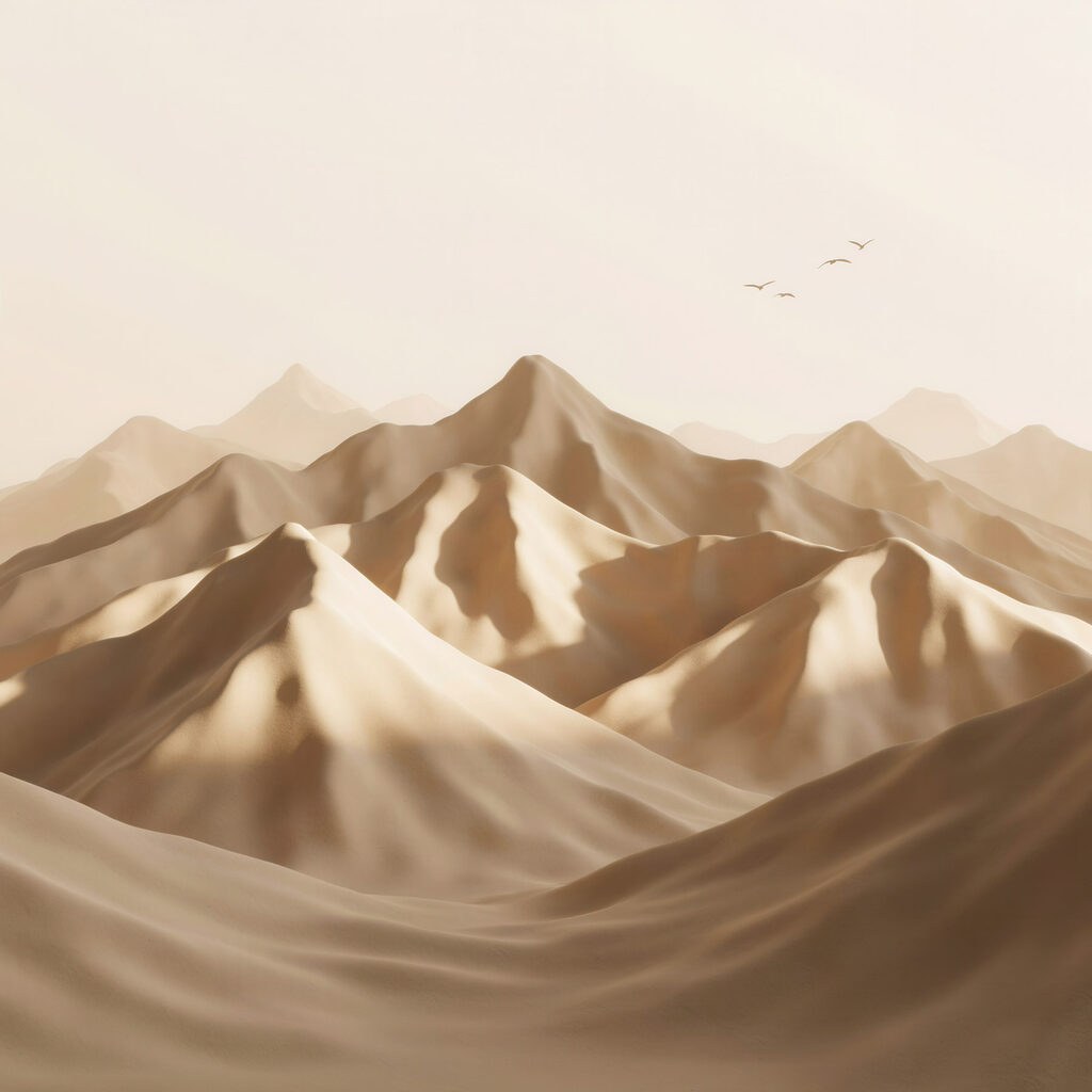 Desert landscape with mountains and birds flying