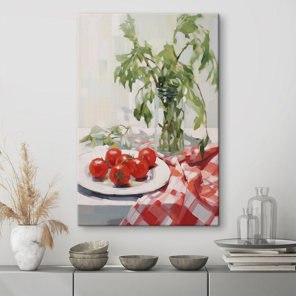 Painting of tomatoes on a plate next to a vase of green leaves Painting of tomatoes on a plate next to a vase of green leaves