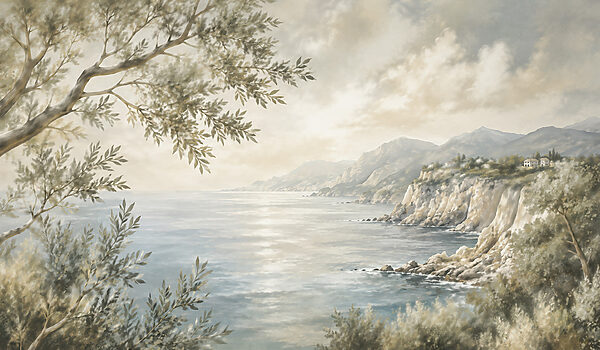Painting of a body of water and a tree Painting of a body of water and a tree