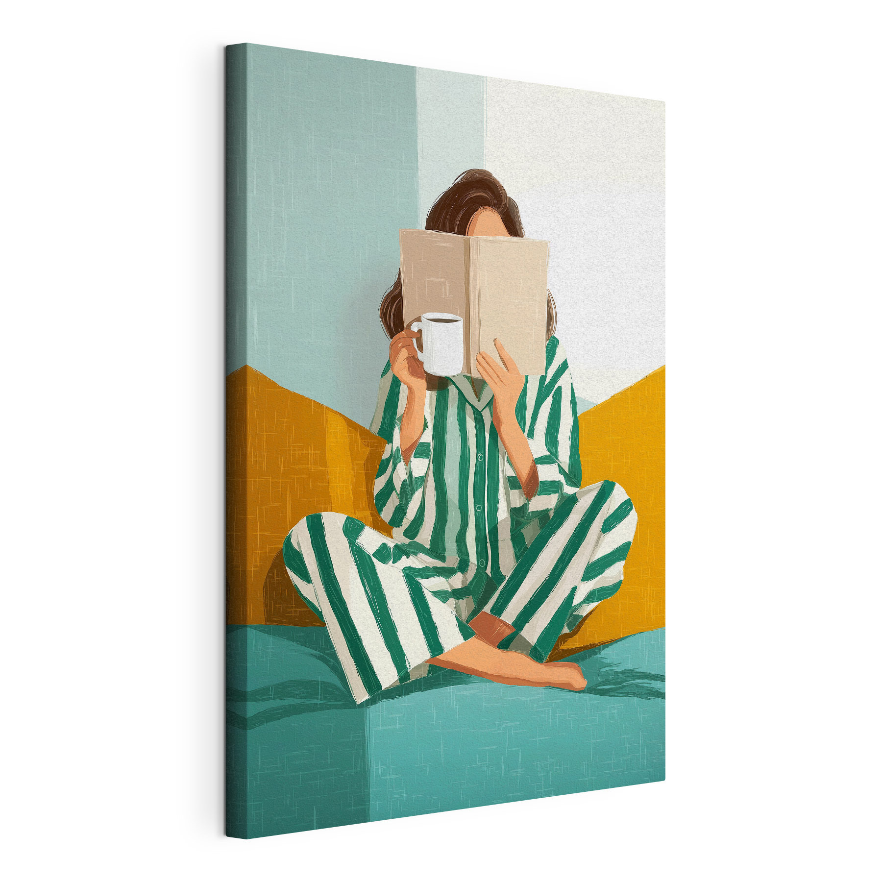 Woman sitting on a bed with a book and a mug Woman sitting on a bed with a book and a mug