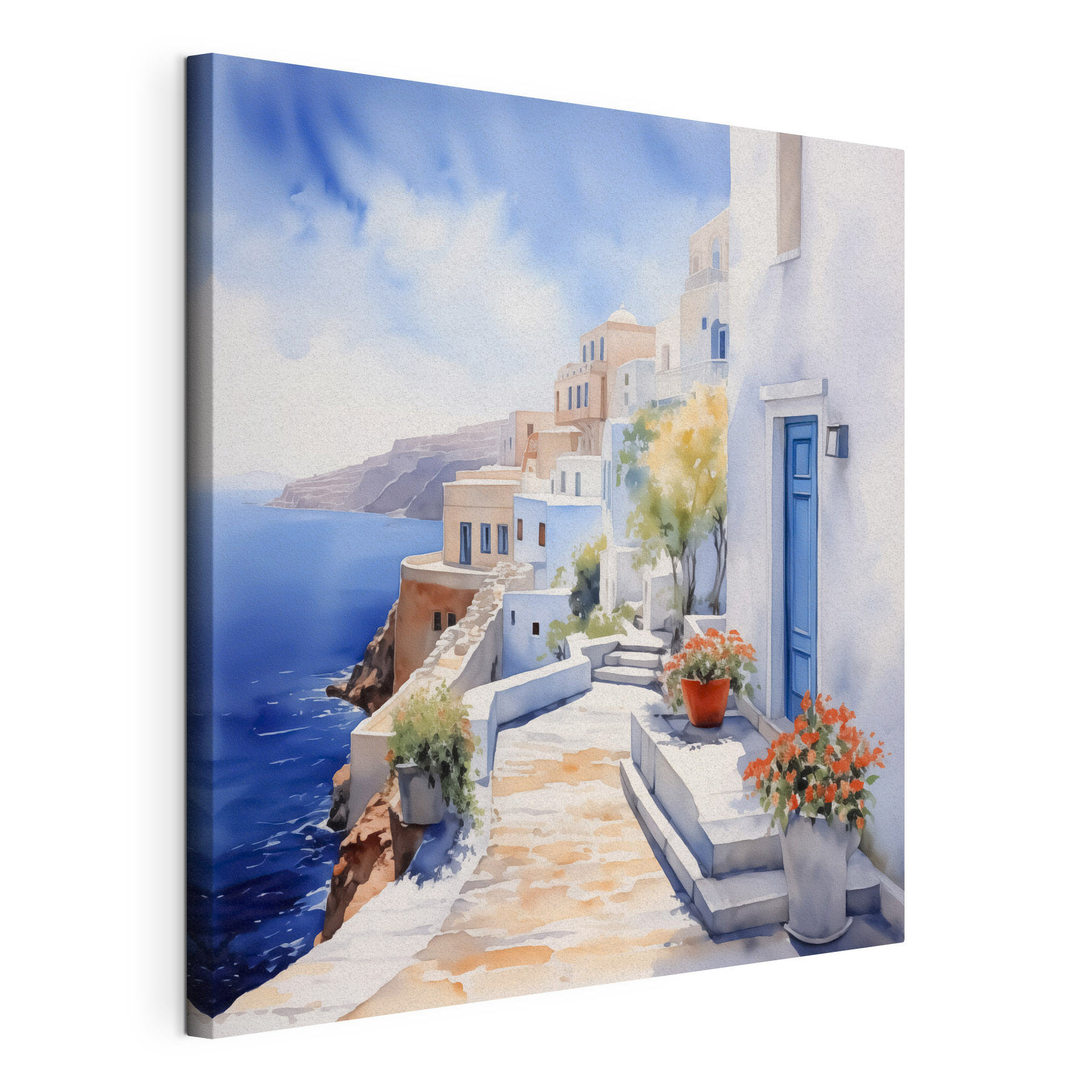 Watercolor painting of a white building with blue doors and flowers on a cliff