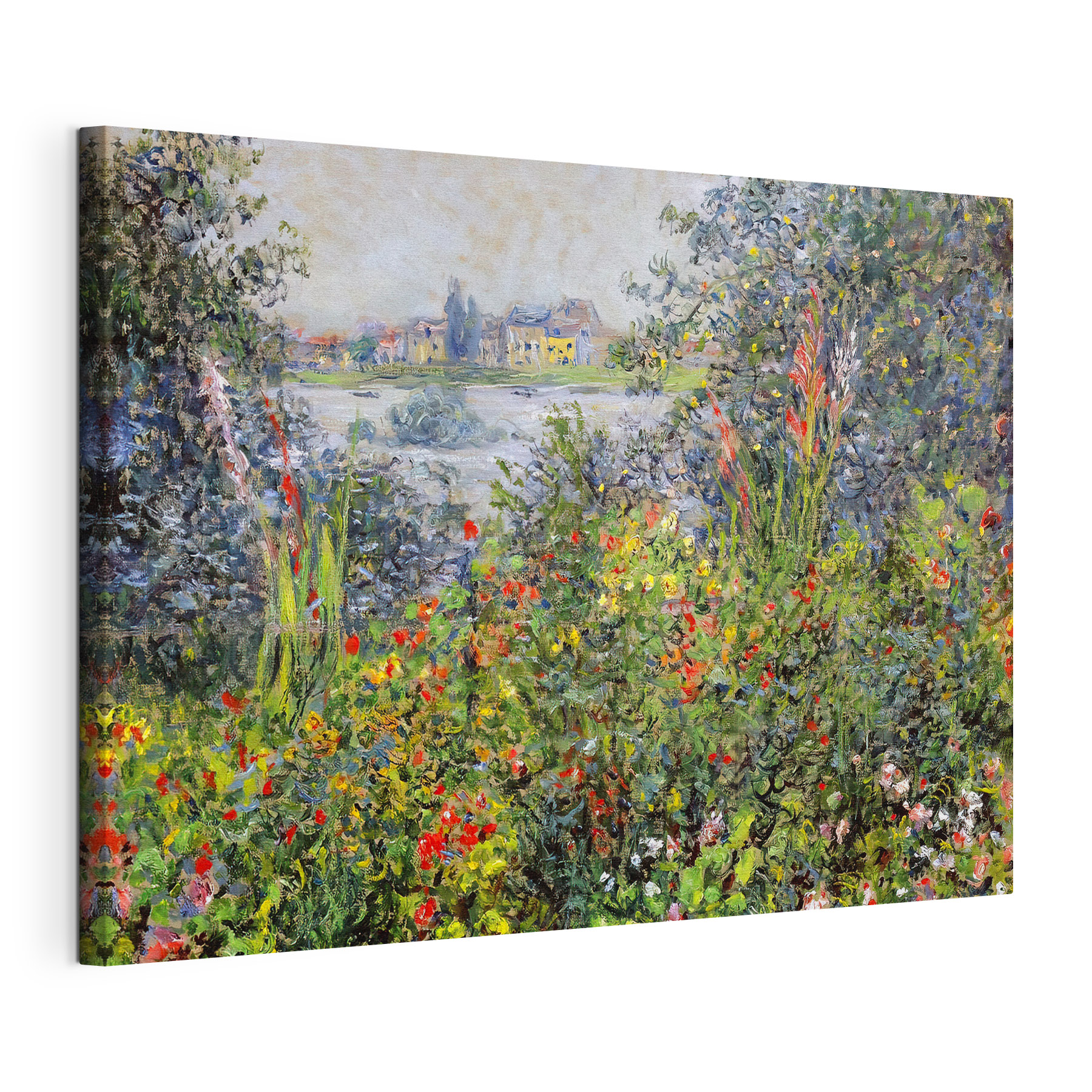 A painting of a garden with flowers and trees A painting of a garden with flowers and trees