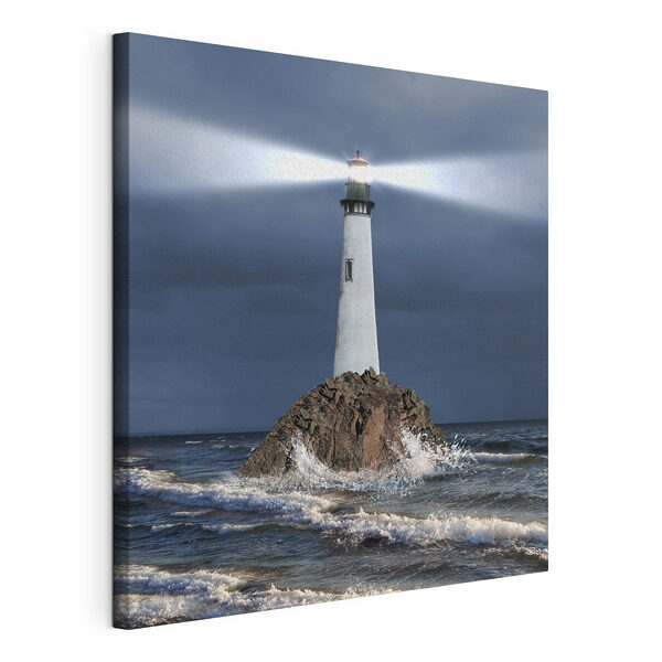 A lighthouse on a rock in the ocean