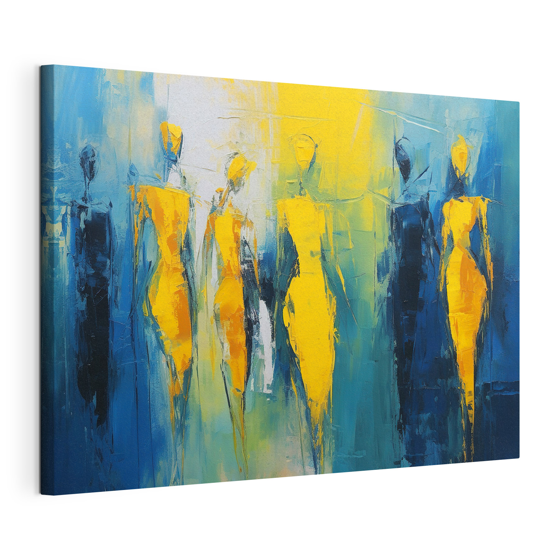 Painting of people in yellow and blue Painting of people in yellow and blue