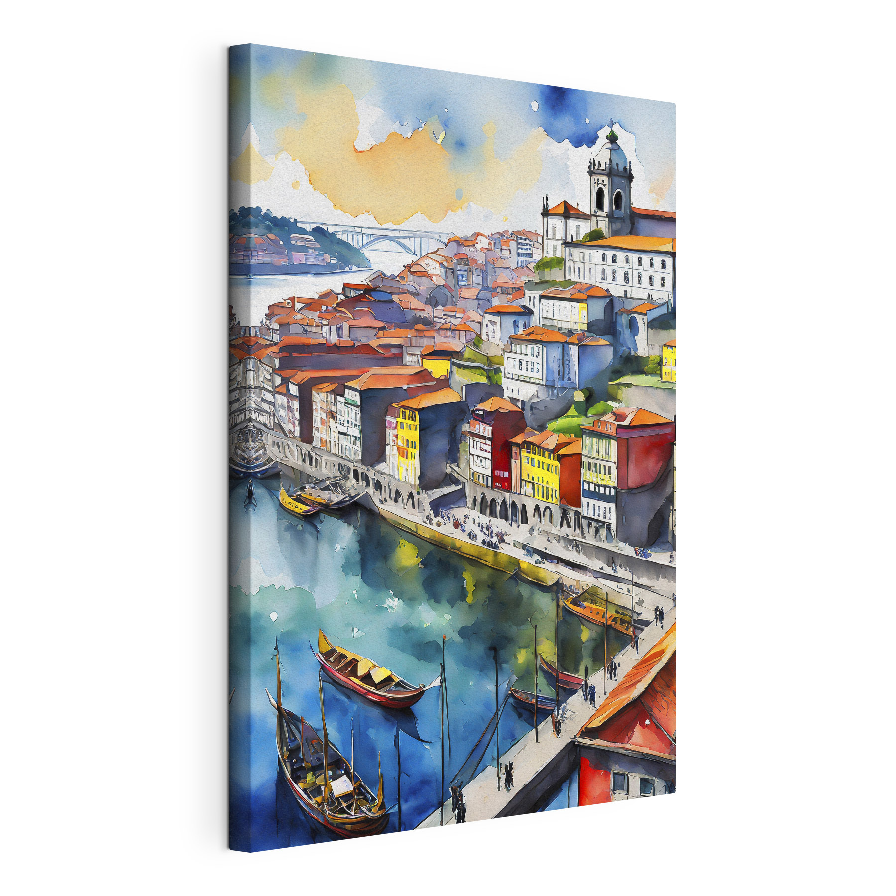 Watercolor of a city with boats and a bridge Watercolor of a city with boats and a bridge