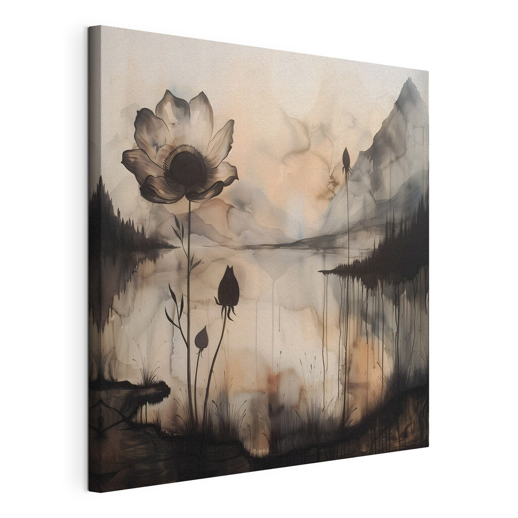 A painting of a flower and a lake